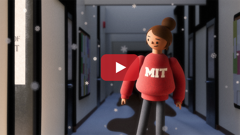 video still of holiday greeting showing a student walking down the MIT Infinite Corridor